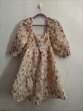 Storia Cream and Rose-Gold Metallic Floral Puff-Sleeve Dress